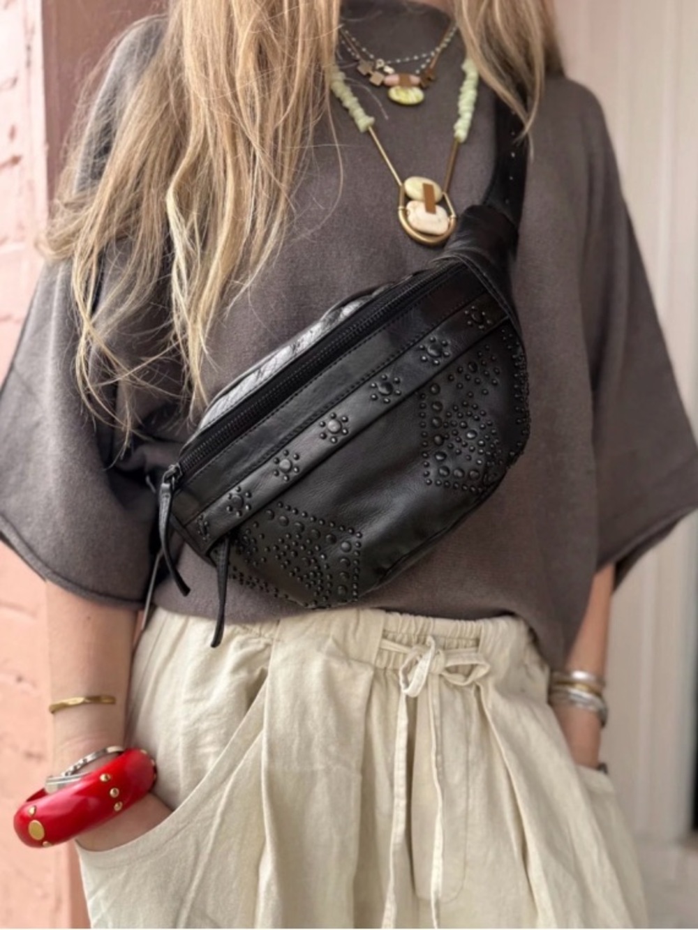 Free People Ana Adorned Sling Bag Black 100% Leather Studded NWT